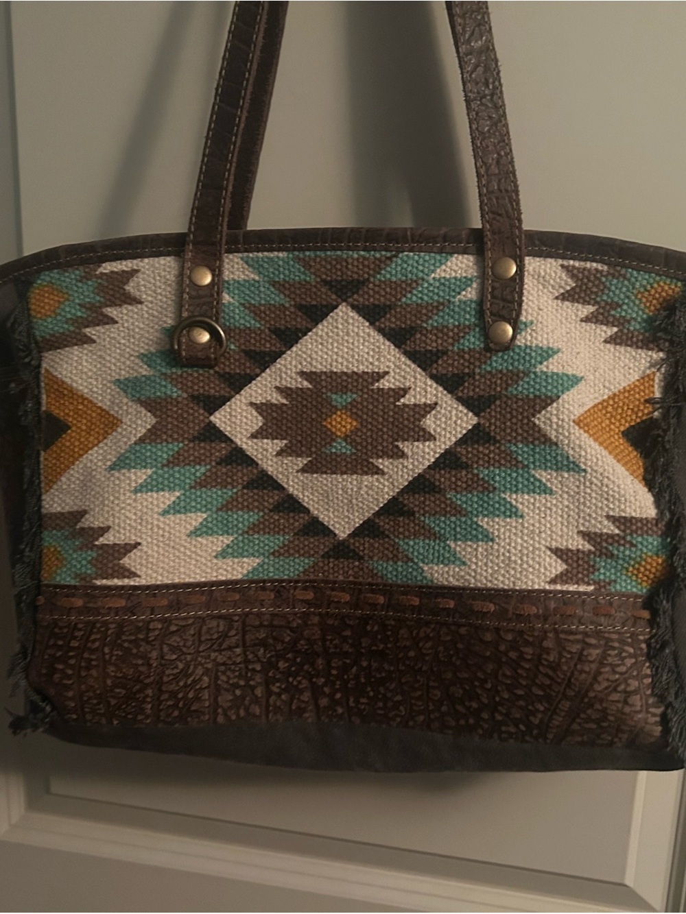 Woven Aztec Myra Bag Tote with Brown Leather Trim